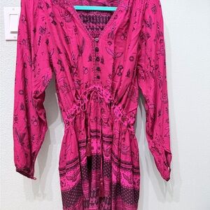 Spell Fuchsia and Black Printed V-Neck Dress